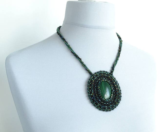 Malachite necklace, embroidered necklace, statement necklace, green necklace, beaded necklace, seed bead necklace, large necklace