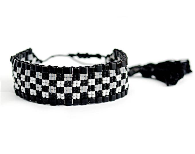 chessboard jewelry, black white, woven bracelets, gifts for her, toho bracelet, bracelet for women, stretch bracelet, gift for sister