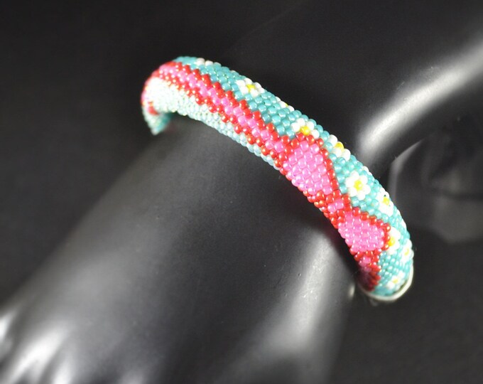 Bead crochet rope Bracelet Beaded Bracelet gift for her Beadwork Beaded jewelry With colored section pattern mint pink bow cute sweet flower