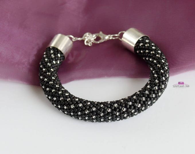 Black silver Dots bracelet Nail bangle black silver beaded bracelets birthstone bracelet mom gift wife net bracelet seed beads cuff crochet