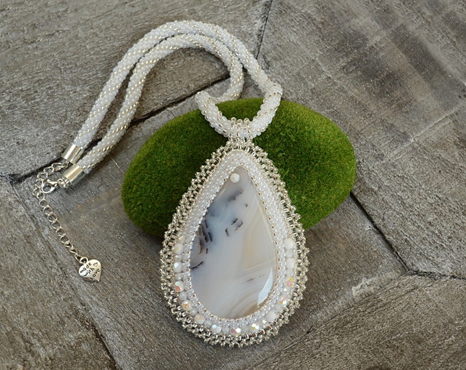 White stone necklace - Dendritic agate - a stone of abundance