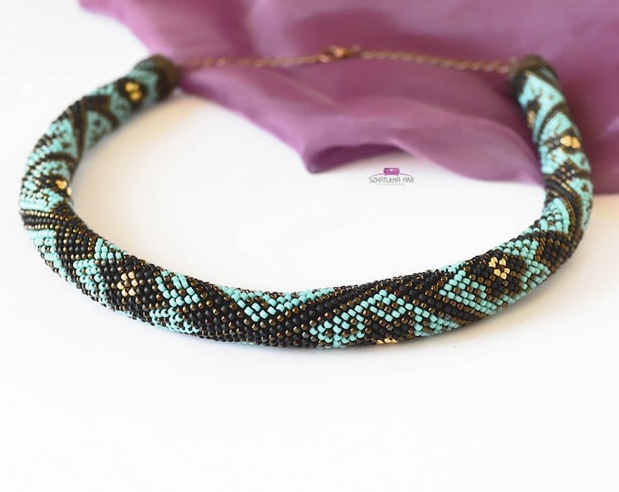 Turquoise necklace, beaded necklace, seed bead necklace, crochet necklace, statement necklace, bead crochet, crocheted necklace, beaded rope