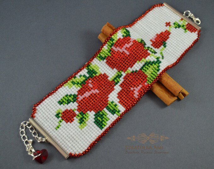 Roses Woven bracelet Loom seed beads Girls Womens gift Red white colored Cuff bracelets Flower pattern Width bracelet Beaded bracelets