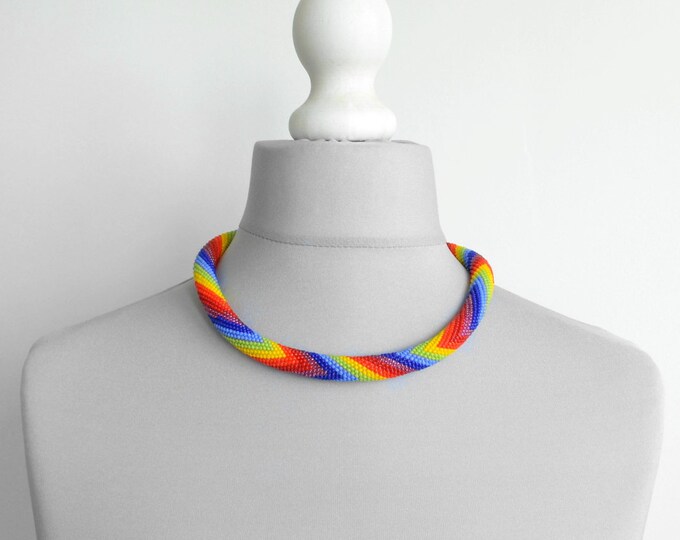 Rainbow necklace Seed beads necklace Summer jewelry Colour necklace shaded in Tube necklace Knitting Crochet necklace Mother womens gift