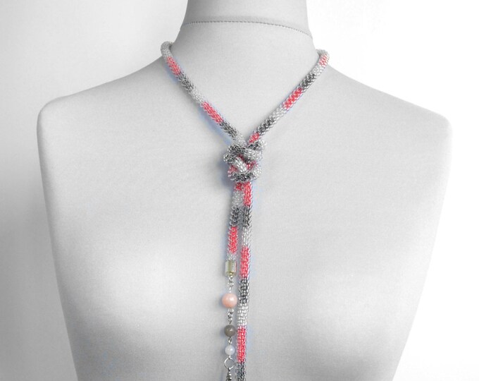 Beaded necklace, long necklace, seed bead necklace, woman tie, lariat jewelry, gray red colors, shaded necklace, agate quartz, gift for her