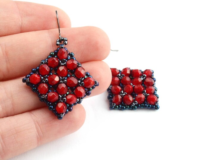 red crystal earrings, retro earrings, bicone earrings, square earrings, geometric earrings, glowing earrings, maroon earrings, party