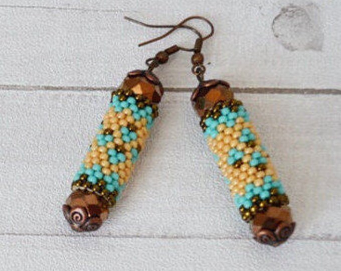 Turquoise sticks Bronze small earrings Seed beaded earrings Colorful earrings birthday gift friend Wicker hanging earrings Womens girls gift