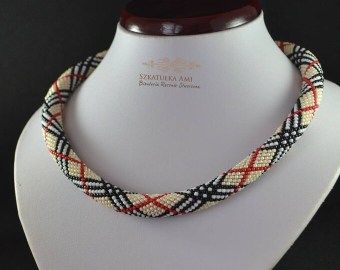 Scottish grid necklace crochet beaded, plaid print bead jewelry, a gift for a business woman,