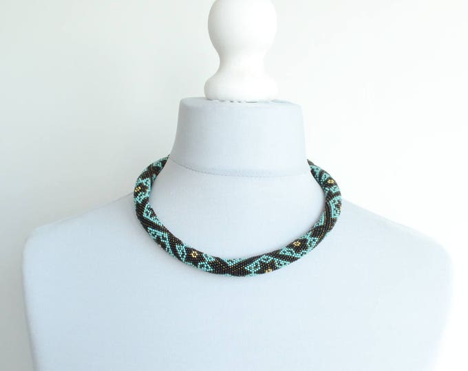 Turquoise necklace, beaded necklace, seed bead necklace, crochet necklace, statement necklace, bead crochet, crocheted necklace, beaded rope