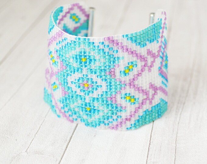 Pastel beaded cuff, loom bracelet, wide bracelet, bangle bracelet, wide cuff bracelet, seed bead bracelet, bead cuff bracelet, aztec pattern