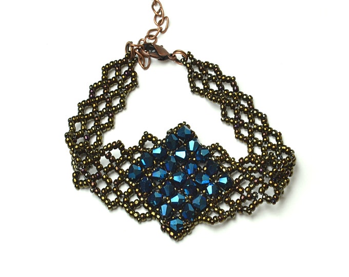 delicate bracelet with navy blue crystals, gemstone crystal jewelry, woven bracelet, seed bead bracelet, handmade jewelry, women gift