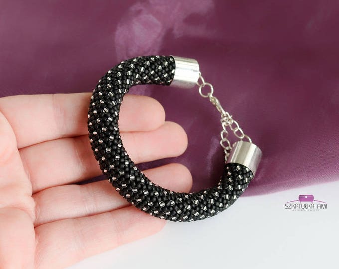 Black silver Dots bracelet Nail bangle black silver beaded bracelets birthstone bracelet mom gift wife net bracelet seed beads cuff crochet