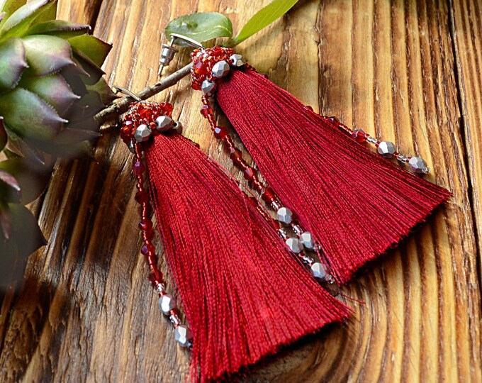 red fringe earrings, tassel earrings, tassel jewelry, elegant long tassels, boho chic earrings, beaded earrings, seed bead earrings, women