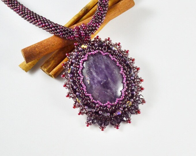 Amethyst necklace, stone necklace, purple necklace, statement necklace, gift for women, big necklace, seed bead necklace, stone amethyst