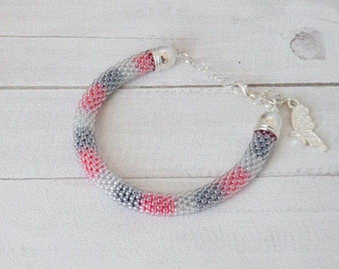 Pink gray white Bracelet Seed beads bracelet Shadow gray Friendship gift Springs ideas Crochet bracelets Handmade bracelets Gift for her