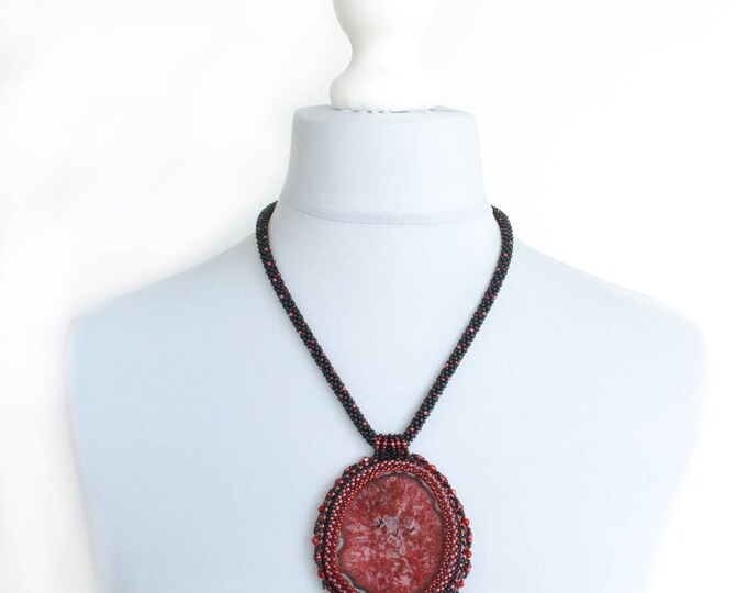 red agate necklace, beaded necklace, banded agate, statement jewelry, large necklace, druzy agate, black red, rose necklace, big stone, gift red agate necklace, beaded necklace, banded agate, statement jewelry, large necklace, druzy agate, black red, rose necklace, big stone, gift