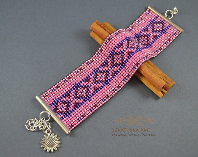 Pink purple bracelet woven bracelet loom bracelet aztec pattern cuff bracelet friendship gift seed beads bracelet womens girls gift springs