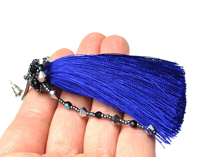 Long navy tassel earrings