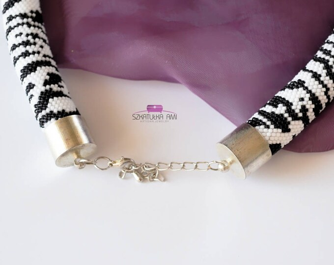 Zebra crochet bead necklace, black and white jewelry, animal print skin necklaces