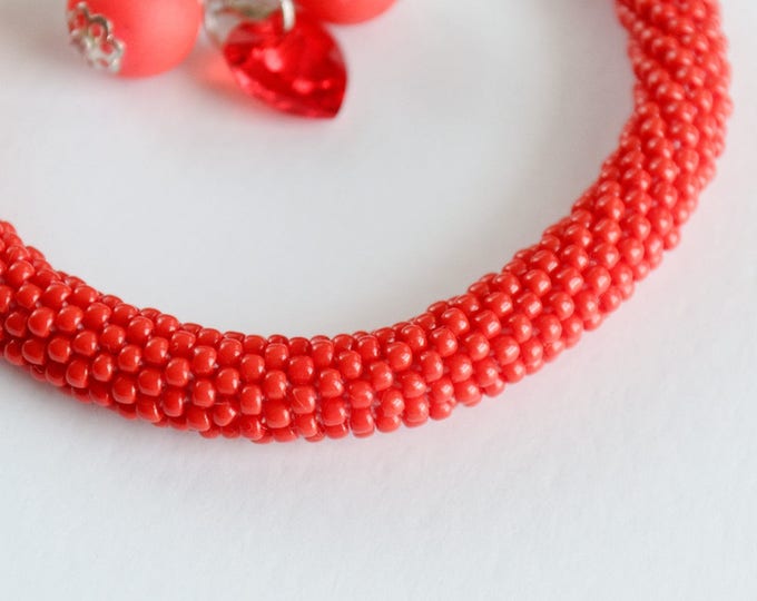 red bracelet, beaded bracelet, christmas bracelet, women bracelet, seed bead bracelet, swarovski bracelet, crochet bracelet, pastel bracelet