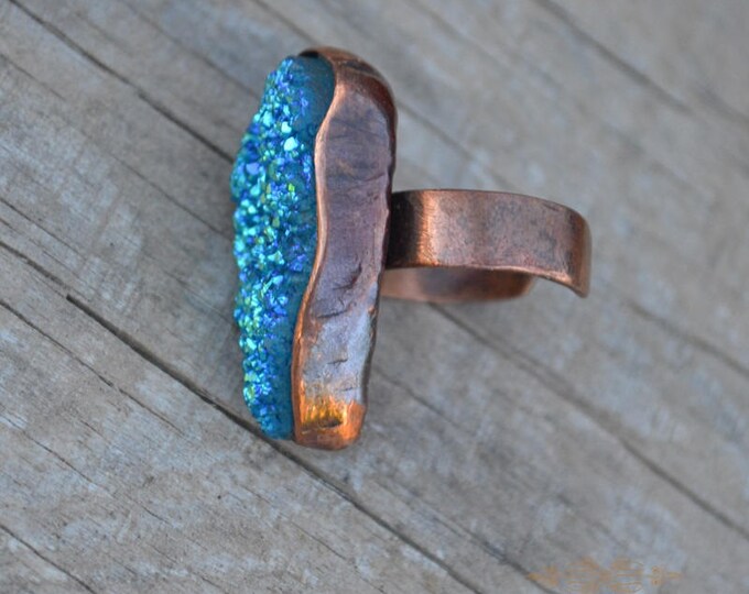 Ring Agate Titanium Coating Stone Boho Copper Ring Unique Ring Statement Ring Copper Sheet Embossed Not Heavy Blue Universal Ring Gift Her