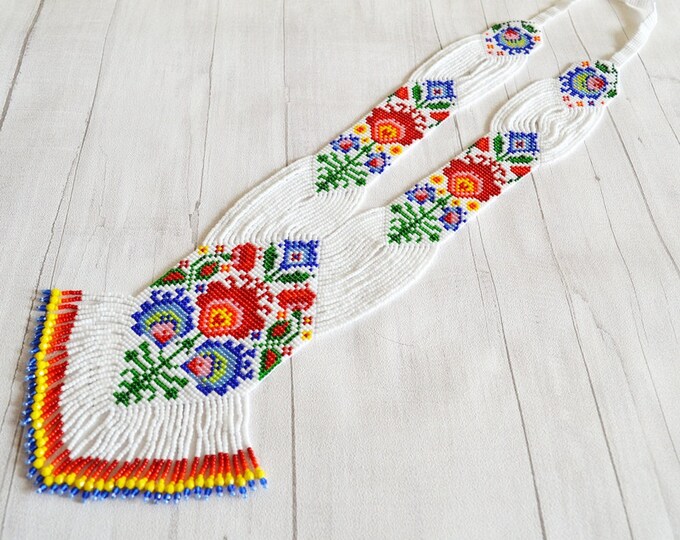 Gerdan necklace, folk necklace, long necklace, flower necklace, polish necklace, rainbow necklace, folk style, Ukrainian necklace, Seed bead