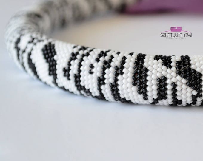 Zebra crochet bead necklace, black and white jewelry, animal print skin necklaces