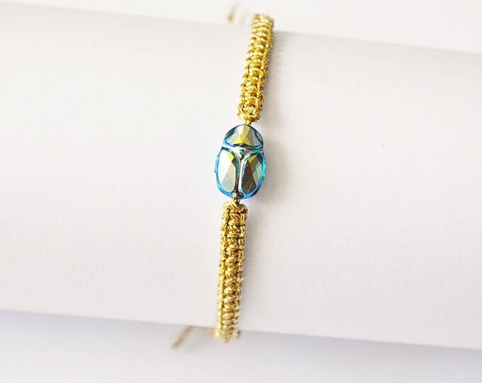 Emerald ABx2 Swarovsky Scarab Bracelet Crystal Bracelet Friendship Bracelets Woven bracelet Gold Metallic twine minimalist thread gift for