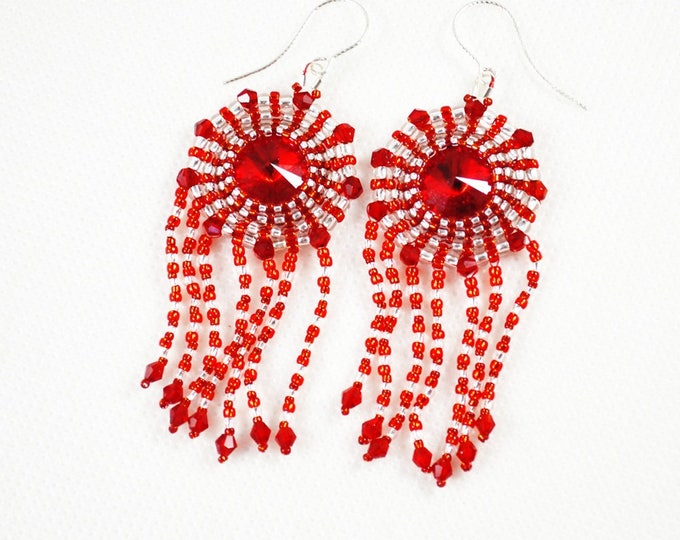 Red Crystal earrings, swarovski earrings, boho earrings, Small glass beads, hand woven, fringe earrings, medium earrings, silver hooks