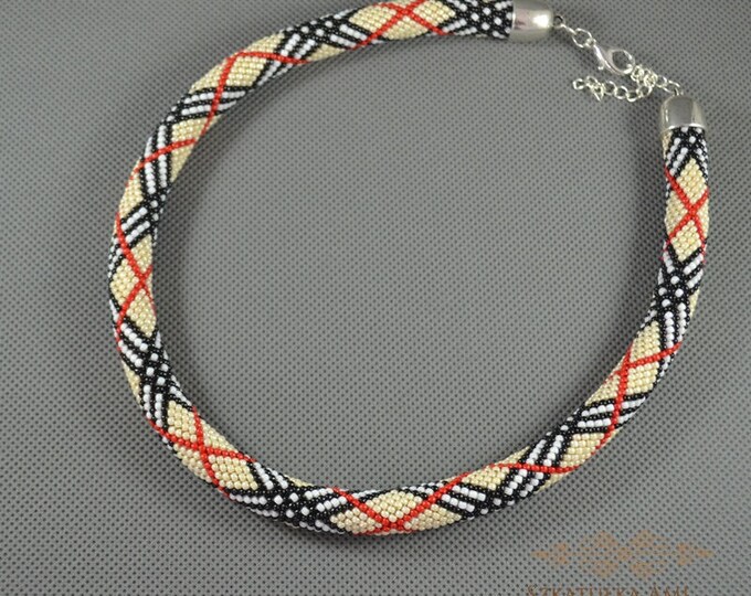 Scottish grid necklace crochet beaded, plaid print bead jewelry, a gift for a business woman,