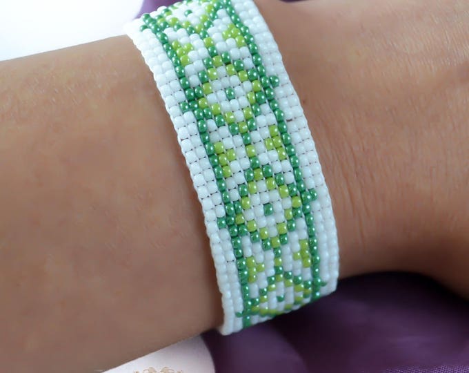 loom bracelets, wide cuff bracelet, beaded cuff bracelet, seed bead cuff, seed bead bracelet, Wide bracelets, green bracelets, gift women