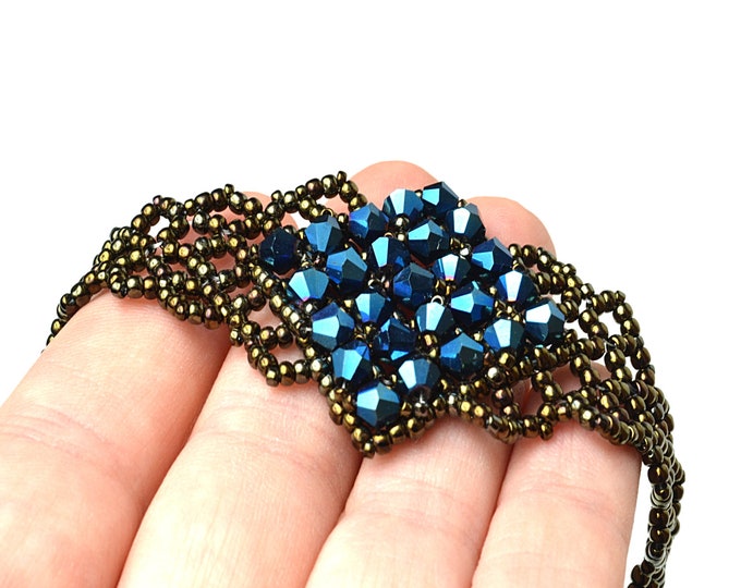 delicate bracelet with navy blue crystals, gemstone crystal jewelry, woven bracelet, seed bead bracelet, handmade jewelry, women gift