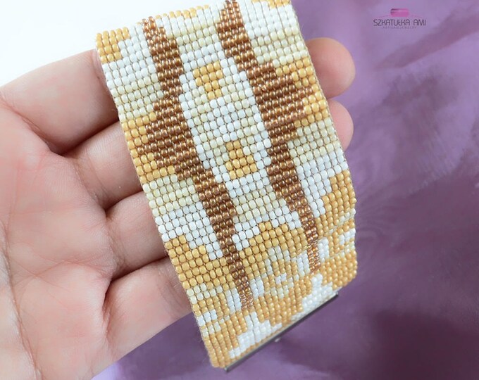 Beige wide bracelet loom cuff of the sleeve bead jewellery seed beads bracelets pattern caramel gift woven handmade iceland pattern