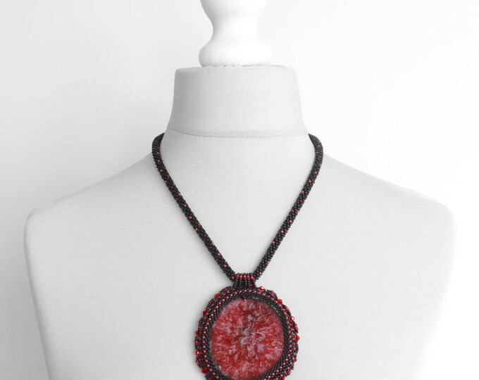 red agate necklace, beaded necklace, banded agate, statement jewelry, large necklace, druzy agate, black red, rose necklace, big stone, gift red agate necklace, beaded necklace, banded agate, statement jewelry, large necklace, druzy agate, black red, rose necklace, big stone, gift