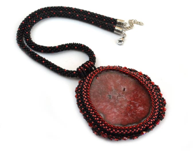 red agate necklace, beaded necklace, banded agate, statement jewelry, large necklace, druzy agate, black red, rose necklace, big stone, gift