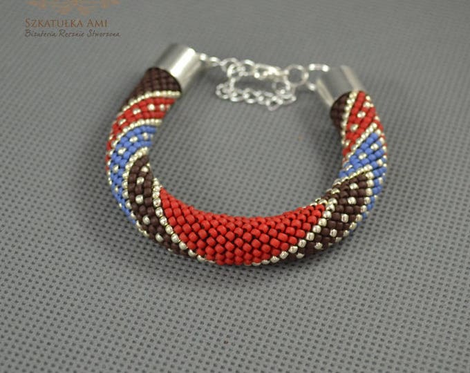 Red blue brown bracelet crochet colorful bracelet beaded bracelet handmade bangle braclets womens girls gift glass beads effect shading her