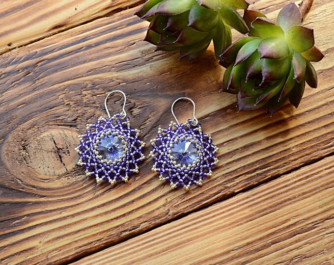 crystal earrings, Rivoli earrings, Swarovski earrings, flower earrings, purple earrings, glowing earrings, maroon earrings, party earrings