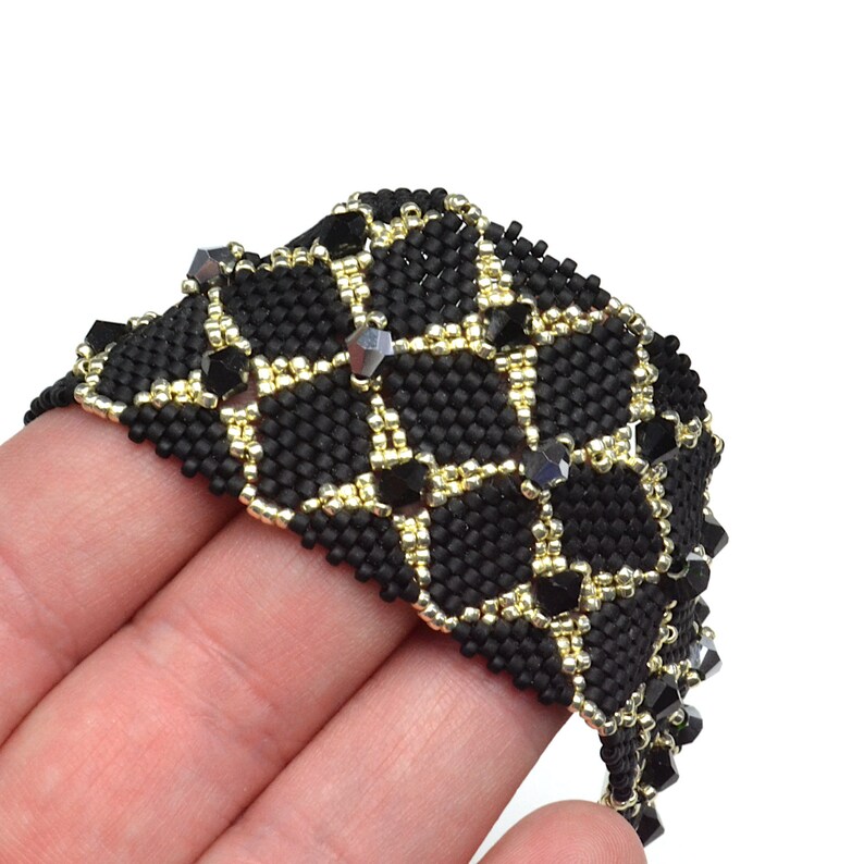 a gift for a woman Black and silver crystal bracelet woven beaded shiny and delicate hand cuff