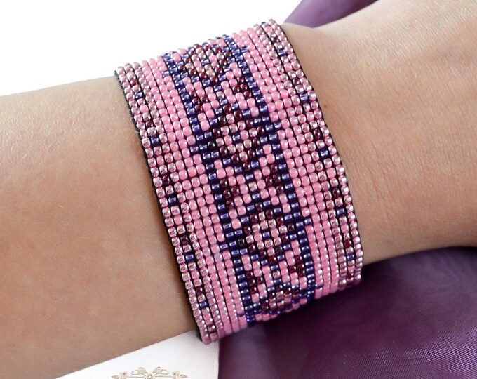 Pink purple bracelet woven bracelet loom bracelet aztec pattern cuff bracelet friendship gift seed beads bracelet womens girls gift springs