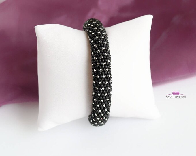 Black silver Dots bracelet Nail bangle black silver beaded bracelets birthstone bracelet mom gift wife net bracelet seed beads cuff crochet