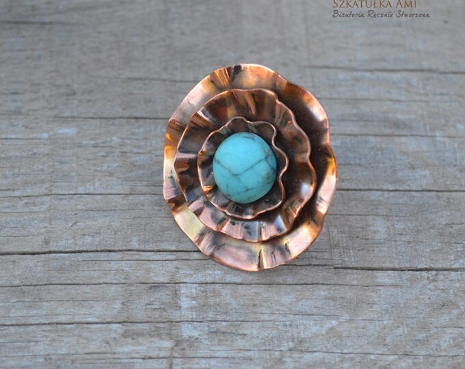 gypsy ring, turquoise ring, copper ring, flower big ring, statement ring, engagement ring, handcrafted ring, present for lady, women gift