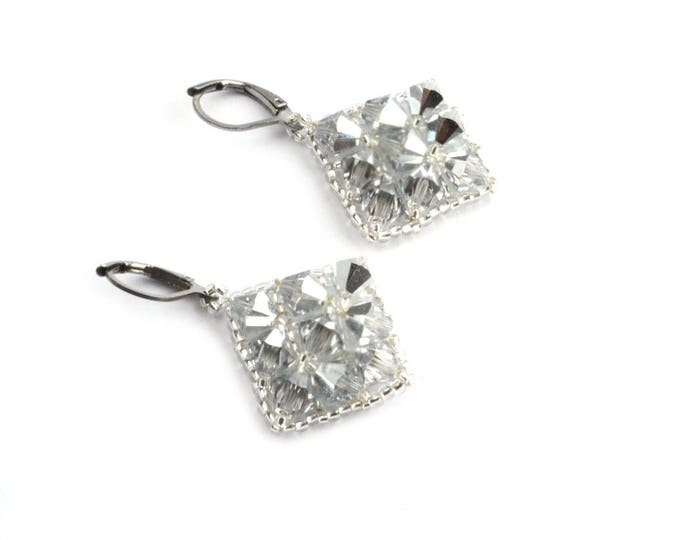 crystal earrings, retro earrings, bicone earrings, square earrings, geometric earrings, glowing earrings, maroon earrings, beadwork earrings