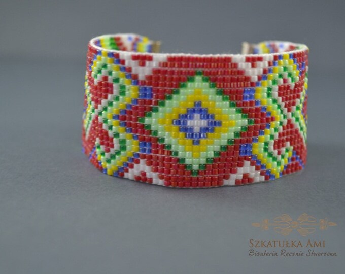 Aztec wide bracelet cuff, beaded bracelets, woven bracelet, cuff bracelet, statement bracelet, ethnic jewelry, boho bracelet, loom bracelets