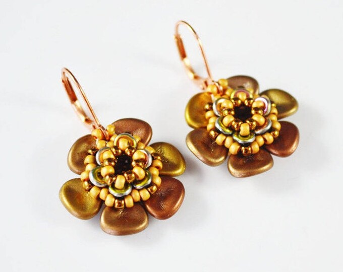 Flowers small earrings Seed beads earrings Bride mother Wedding day Brown old gold earrings Cute earrings Woven earrings Beaded beadings