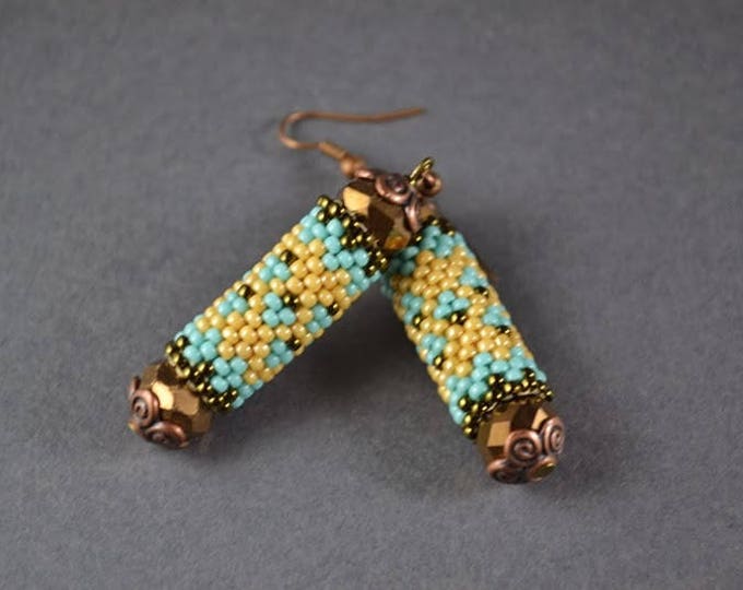 Turquoise sticks Bronze small earrings Seed beaded earrings Colorful earrings birthday gift friend Wicker hanging earrings Womens girls gift