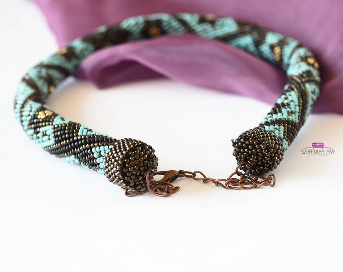 Turquoise necklace, beaded necklace, seed bead necklace, crochet necklace, statement necklace, bead crochet, crocheted necklace, beaded rope