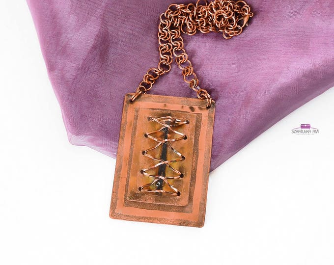 Corselette necklace copper necklace Big pendant Three dimensional necklace Metalwork necklace Pickled hammered copper jewelry copper vintage