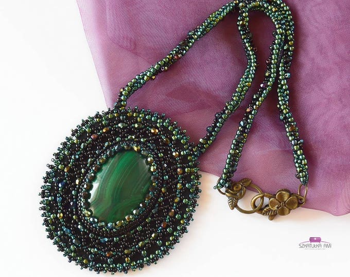 Malachite necklace, embroidered necklace, statement necklace, green necklace, beaded necklace, seed bead necklace, large necklace