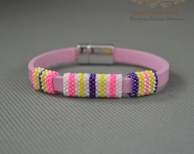 Stripes bracelet, bangle bracelet, leather bracelet, pastel bracelet, Pink bracelet, Magnetic clasp, Natural strap, Cute bracelet, delicate