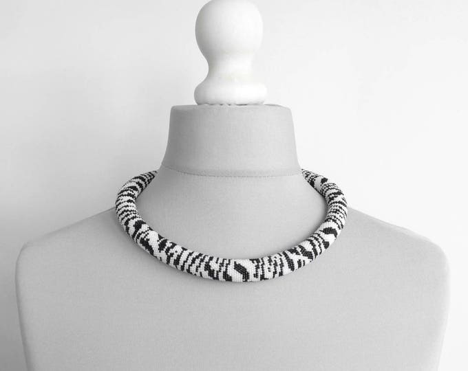 Zebra crochet bead necklace, black and white jewelry, animal print skin necklaces